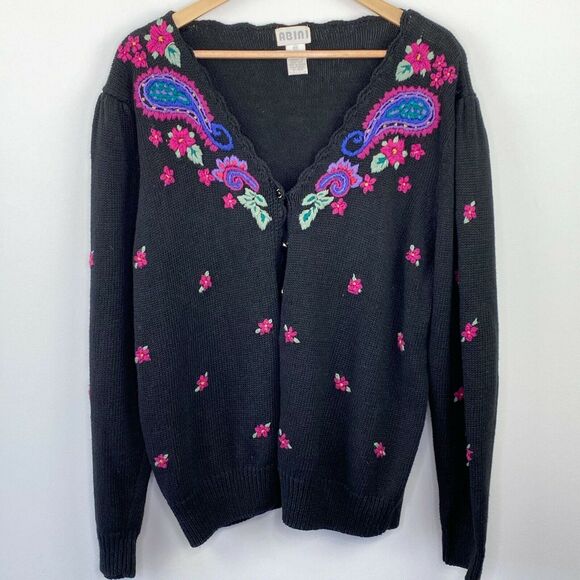 Abini Cardigan Sweater Women 1X Vtg Black‎ Floral Embroidered Knit Grandmacore - Picture 1 of 6